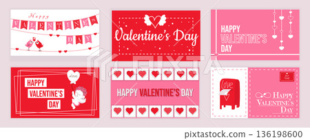 Valentines Day cover typography templates set for social media. Greeting cards design with flag garland, bird couple kissing, wings heart, cute cupid with balloon, love mailbox. Vector illustration. 136198600