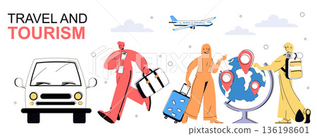 Travel and tourism concept in flat cartoon design for web banner. People with luggage or backpack flying in global trip or riding by car, visiting new countries with sightseeing. Vector illustration. 136198601