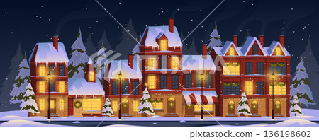 Christmas houses at street background for banner design. Festive home facades view with lights windows, wreath at doors, snowy pine trees and lanterns at winter night. Vector cartoon illustration 136198602