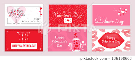 Valentines Day cover typography templates set for social media. Greeting cards design with hearts on love tree, romantic letters, romance potion, cupid arrow, lips with kiss. Vector illustration. 136198603