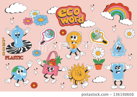 Eco vintage groovy set elements in flat graphic design. Collection of rainbow, daisy, light bulb, save Earth, water drop, less plastic, globe, vegetables in shopping bag, other. Vector illustration. 136198608