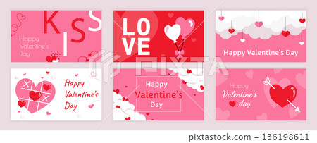 Valentines Day cover typography templates set for social media. Greeting cards design with kiss and love, heart balloons, cloud with garlands, romantic games, cupid arrow, other. Vector illustration. Valentines Day cover typography templates set for social media. Greeting cards design with kiss and love, heart balloons, cloud with garlands, romantic games, cupid arrow, other. Vector illustration. 136198611