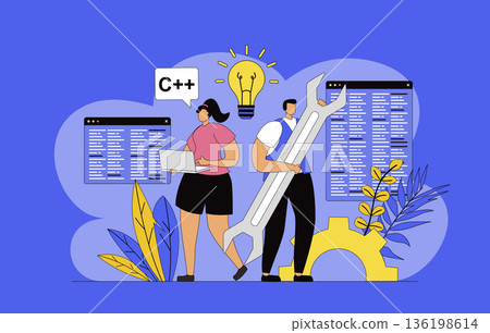 Developers team concept with modern flat design for web. Man and woman developing application site interface, programming and coding at screens, engineering and brainstorming. Vector illustration. Developers team concept with modern flat design for web. Man and woman developing application site interface, programming and coding at screens, engineering and brainstorming. Vector illustration. 136198614