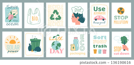 Ecology cover typography template for posters, prints. Minimalistic banners set with save ocean, recycling, think green, alternative transport, stop pollution, solar power, other. Vector illustration. Ecology cover typography template for posters, prints. Minimalistic banners set with save ocean, recycling, think green, alternative transport, stop pollution, solar power, other. Vector illustration. 136198616