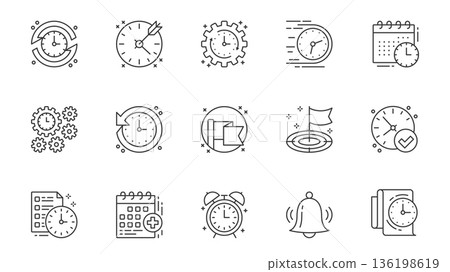 Scheduling icons set in outline stroke design for web. Pack line pictograms with time management, target, fast process, deadline, calendar, planning schedule, countdown, other. Vector illustration. 136198619