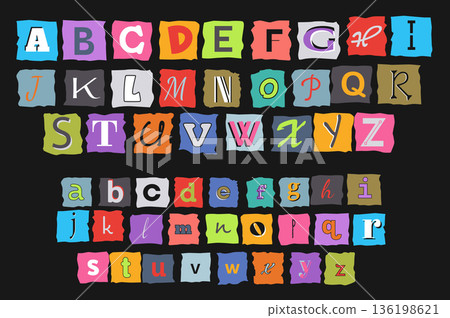 Cut out ransom letters alphabet set in flat graphic design. Collection elements of colourful typeset for criminal anonymous messages, english typography cutting from newspapers. Vector illustration. 136198621