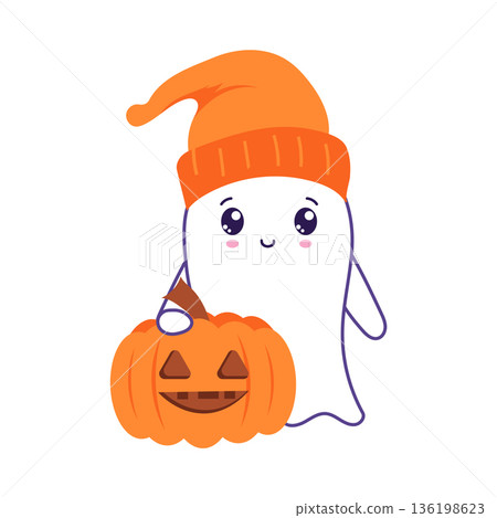 Halloween cute ghost in flat design. Funny spirit in orange hat and pumpkin. Vector illustration isolated. 136198623