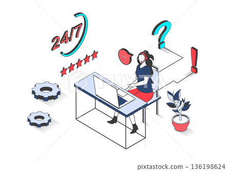 Technical support 3d isometric concept with isometry people design for web. Woman in headset answering calls and online messages, consulting clients and solving tech problems. Vector illustration. 136198624