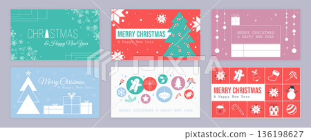Merry Christmas cover template for social media. Xmas greeting cards with abstract decorative snowflakes, festive fir tree with candy canes, gifts, gingerbread, toys and balls. Vector illustration. 136198627