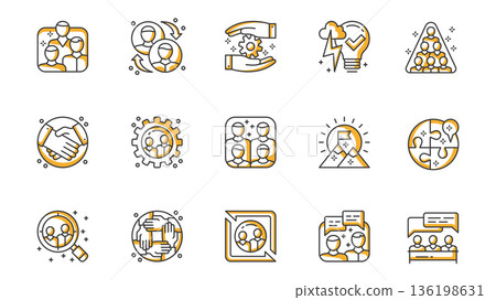 Teamwork icons set in outline stroke design for web. Pack line pictograms with team, interaction, project, subordination, handshake, group, success, personal input, search, other. Vector illustration. 136198631