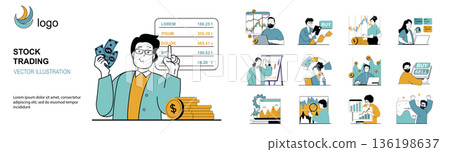 Stock trading concept with character situations mega set in flat web design. Bundle of scenes people making exchange market research, investing money with financial strategy. Vector illustrations. 136198637