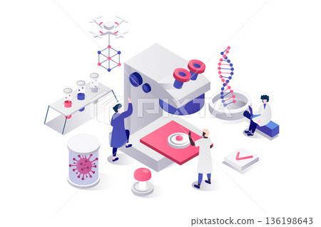 Science laboratory 3d isometric concept in geometry graphic design for web. People working with microscope, making scientific research in lab flask and tubes, creating vaccines. Vector illustration. 136198643