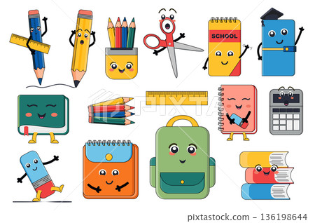 Mascot school supplies mega set elements in flat graphic design. Bundle objects of cute characters with funny faces on pen, ruler, scissors, notebook, books, pencils, other. Vector illustration. Mascot school supplies mega set elements in flat graphic design. Bundle objects of cute characters with funny faces on pen, ruler, scissors, notebook, books, pencils, other. Vector illustration. 136198644