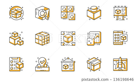 Abstract product icons set in outline stroke design for web. Pack line pictograms with box package, research, module, component, advertising presentation, item scalable, other. Vector illustration. 136198646