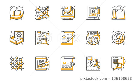 Marketing icons set in outline stroke design for web. Pack line pictograms with like feedback, target, email, advertisement, shopping, strategy, communication, megaphone, other. Vector illustration. Marketing icons set in outline stroke design for web. Pack line pictograms with like feedback, target, email, advertisement, shopping, strategy, communication, megaphone, other. Vector illustration. 136198658