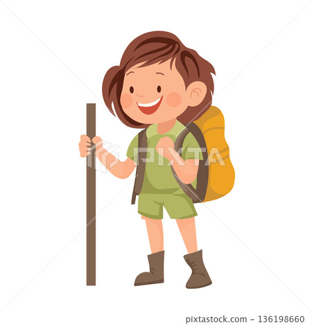 Cute boy scout with backpack in flat design. Teenager in uniform at camping. Vector illustration isolated. Cute boy scout with backpack in flat design. Teenager in uniform at camping. Vector illustration isolated. 136198660