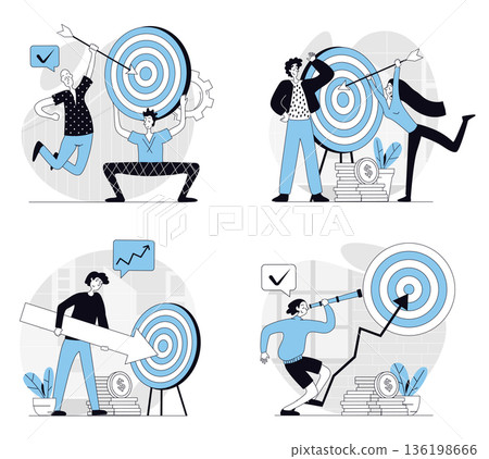Business target concept set in flat design for web. Collection with people working in team, planning strategy and mission, hitting bullseye and achieving goals and challenges. Vector illustrations. 136198666