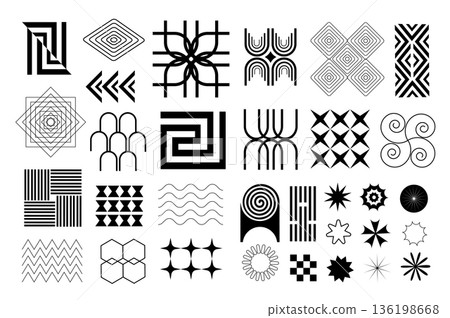 Brutalist geometric shapes set in flat graphic design. Collection isolated elements of abstract black silhouettes with spotted and striped figures, stars, flowers, waves, other. Vector illustration. Brutalist geometric shapes set in flat graphic design. Collection isolated elements of abstract black silhouettes with spotted and striped figures, stars, flowers, waves, other. Vector illustration. 136198668