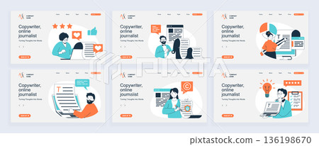 Copywriter concept of landing page with slide templates set in flat design. Website headers with people working as online journalists, write articles, make posts in social media. Vector illustrations. Copywriter concept of landing page with slide templates set in flat design. Website headers with people working as online journalists, write articles, make posts in social media. Vector illustrations. 136198670