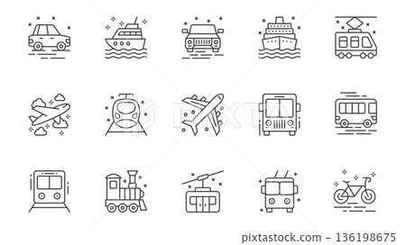 Transport mean icons set in outline stroke design for web. Pack line pictograms with car, ship, automobile, tram, aeroplane, train, bus, cable car, bicycle, cargo vehicle, other. Vector illustration. 136198675