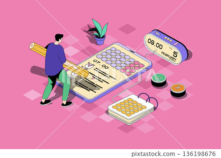 Planning web concept in 3d isometric graphic design. Isometry people scene with man managing time using mobile calendar, working with task list with deadline, reminders and notes. Vector illustration. Planning web concept in 3d isometric graphic design. Isometry people scene with man managing time using mobile calendar, working with task list with deadline, reminders and notes. Vector illustration. 136198676