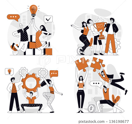 Teamwork concept set in flat design for web. Collection with people working together, developing project, solving problems, doing tasks in team, helping at supporting partners. Vector illustrations. Teamwork concept set in flat design for web. Collection with people working together, developing project, solving problems, doing tasks in team, helping at supporting partners. Vector illustrations. 136198677