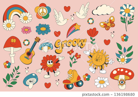 Vintage groovy set elements in flat graphic design. Collection of rainbow, peace, doves, cloud, daisy, heart, mushrooms, butterfly, guitar, roller skates, other funky mascots. Vector illustration. Vintage groovy set elements in flat graphic design. Collection of rainbow, peace, doves, cloud, daisy, heart, mushrooms, butterfly, guitar, roller skates, other funky mascots. Vector illustration. 136198680