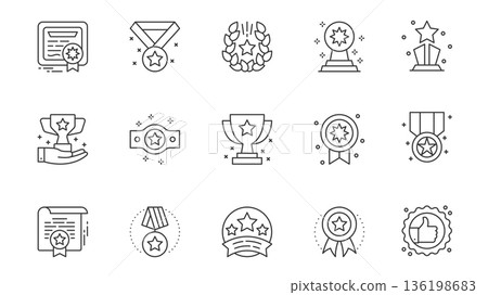 Achievement icons set in outline stroke design for web. Pack line pictograms with diploma, medal, laurel wreath, trophy award, prize, badge, golden cup, success, winning, other. Vector illustration. Achievement icons set in outline stroke design for web. Pack line pictograms with diploma, medal, laurel wreath, trophy award, prize, badge, golden cup, success, winning, other. Vector illustration. 136198683
