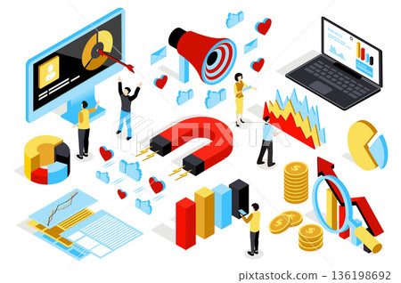 Marketing strategy 3d isometric mega set in isometry graphic design. Collection elements of data analysis, charts, target, megaphone, laptop, statistics, magnet, content, other. Vector illustration. Marketing strategy 3d isometric mega set in isometry graphic design. Collection elements of data analysis, charts, target, megaphone, laptop, statistics, magnet, content, other. Vector illustration. 136198692