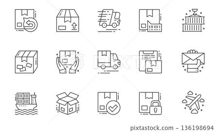 Delivery icons set in outline stroke design for web. Pack line pictograms with parcel return, package, fast shipping, barcode, warehouse loading, sending, post letter, box, other. Vector illustration. 136198694