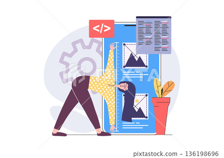 Web development concept in modern flat design for web. Woman developing and programming layout interface, engineering digital project for mobile phone, making settings on screen. Vector illustration. Web development concept in modern flat design for web. Woman developing and programming layout interface, engineering digital project for mobile phone, making settings on screen. Vector illustration. 136198696