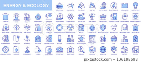 Energy and ecology web icons set in duotone outline stroke design. Pack pictograms with solar panel, recyclable, gas fuel, save planet, accumulator, electric light, nuclear power. Vector illustration. Energy and ecology web icons set in duotone outline stroke design. Pack pictograms with solar panel, recyclable, gas fuel, save planet, accumulator, electric light, nuclear power. Vector illustration. 136198698