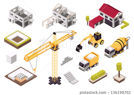 Construction 3d isometric mega set in isometry graphic design. Collection elements of buildings, suburb house, foundation, crane, bricks, excavator, concrete mixer, truck, other. Vector illustration. 136198702