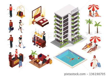 Hotel service 3d isometric mega set in flat design. Collection isometry elements of building, apartment rooms, bedroom, reception desk, pool, administrator, maid, client, other. Vector illustration. 136198705