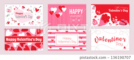 Valentines Day cover typography templates set for social media. Greeting cards design with romantic gifts, wings heart, love letter, garlands, rose bouquet, holiday calendar date. Vector illustration. 136198707