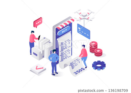 Electronic receipt 3d isometric concept in geometry graphic design for web. People making purchases or ordering services, receiving digital form of invoice for checkout in app. Vector illustration. Electronic receipt 3d isometric concept in geometry graphic design for web. People making purchases or ordering services, receiving digital form of invoice for checkout in app. Vector illustration. 136198709