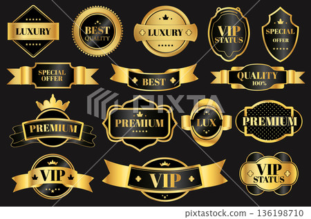 Golden luxury labels set elements in flat graphic design. Collection of shiny promotion tags and glossy guarantee emblems with best quality, vip status, special offer, other. Vector illustration. Golden luxury labels set elements in flat graphic design. Collection of shiny promotion tags and glossy guarantee emblems with best quality, vip status, special offer, other. Vector illustration. 136198710