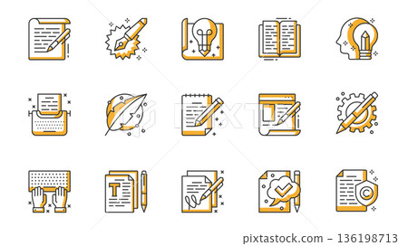 Copywriting icons set in outline stroke design for web. Pack line pictograms with article, writing, idea, inspiration, book, creativity, typewriter, intellectual property, other. Vector illustration. 136198713