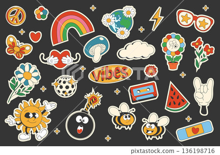 Vintage groovy set elements in flat graphic design. Collection of peace, rainbow, daisy, planet, hug, butterfly, mushroom, vibes, bees, bomb, watermelon, other funky mascots. Vector illustration. 136198716