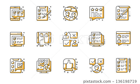 Survey icons set in outline stroke design for web. Pack line pictograms with online examining, checklist, opinion, emotional feedback, application, customer satisfaction, other. Vector illustration. Survey icons set in outline stroke design for web. Pack line pictograms with online examining, checklist, opinion, emotional feedback, application, customer satisfaction, other. Vector illustration. 136198719
