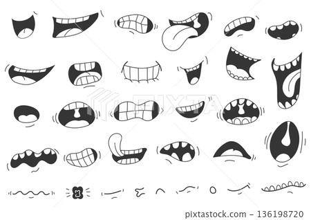 Smile mouths mega set elements in flat doodle graphic design. Bundle objects of open or closed mouths with tongues and teeth, with different emotions for funny caricature faces. Vector illustration. 136198720