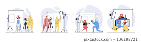 Photo studio concept set in flat design for web. Collection with people getting photography shot, children posing for portrait, photographer working at shooting in backstage. Vector illustrations. Photo studio concept set in flat design for web. Collection with people getting photography shot, children posing for portrait, photographer working at shooting in backstage. Vector illustrations. 136198721