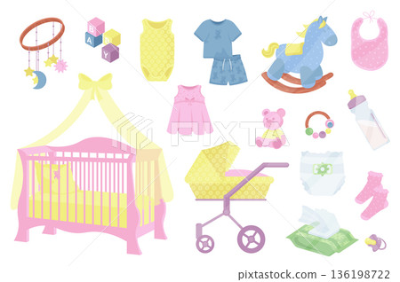 Baby care items mega set elements in flat cartoon graphic design. Bundle objects of child mobile, toys, kid clothes, bib, crib, stroller, rattle, milk bottle, diaper and other. Vector illustration. Baby care items mega set elements in flat cartoon graphic design. Bundle objects of child mobile, toys, kid clothes, bib, crib, stroller, rattle, milk bottle, diaper and other. Vector illustration. 136198722
