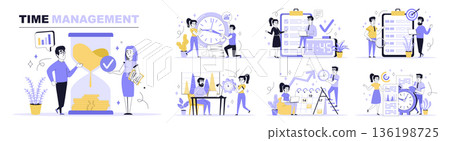 Time management concept set in flat web design. Collection with people control work processes with clock and calendar, make office organization. Flat vector illustration isolated on white background. 136198725