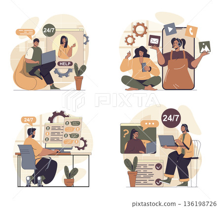 Virtual assistant concept scenes set in flat web design. People in situations of using online operator help and chatting, talking and getting advice, connecting by laptop or app. Vector illustrations. 136198726