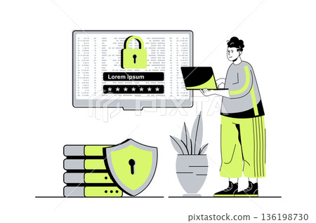 Cyber security web concept with flat cartoon people for website design. Man getting access to personal internet account using password shield and online encryption secure system. Vector illustration. Cyber security web concept with flat cartoon people for website design. Man getting access to personal internet account using password shield and online encryption secure system. Vector illustration. 136198730