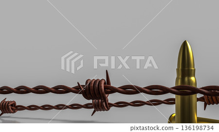 Bullets Trapped in Barbed Wire Concept of Conflict and Restriction 3d render. Bullets Trapped in Barbed Wire Concept of Conflict and Restriction 3d render. 136198734