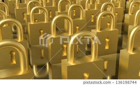 Rows of Golden Padlocks Symbolizing Security and Protection Concept 3d render. Rows of Golden Padlocks Symbolizing Security and Protection Concept 3d render. 136198744