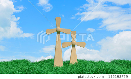 Wooden Wind Turbines in Green Field Under Blue Sky Concept 3d render. Wooden Wind Turbines in Green Field Under Blue Sky Concept 3d render. 136198759