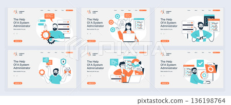 System administrator concept of landing page with slide templates set in flat design. Website headers with people monitoring server racks, do maintenance and technical repair. Vector illustrations. System administrator concept of landing page with slide templates set in flat design. Website headers with people monitoring server racks, do maintenance and technical repair. Vector illustrations. 136198764